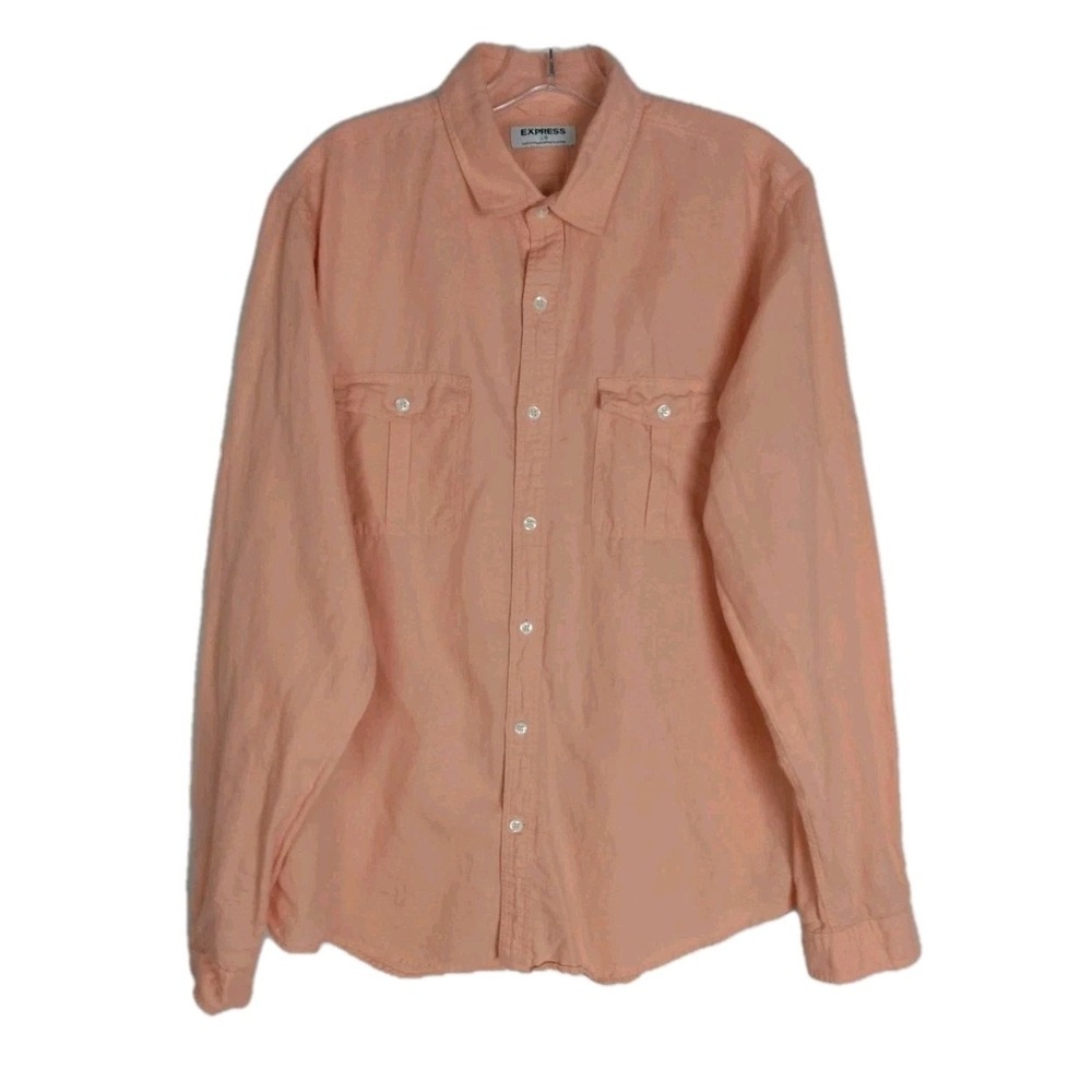Express Mens Linen Blend‎  Button Down Solid Orange Shirt L